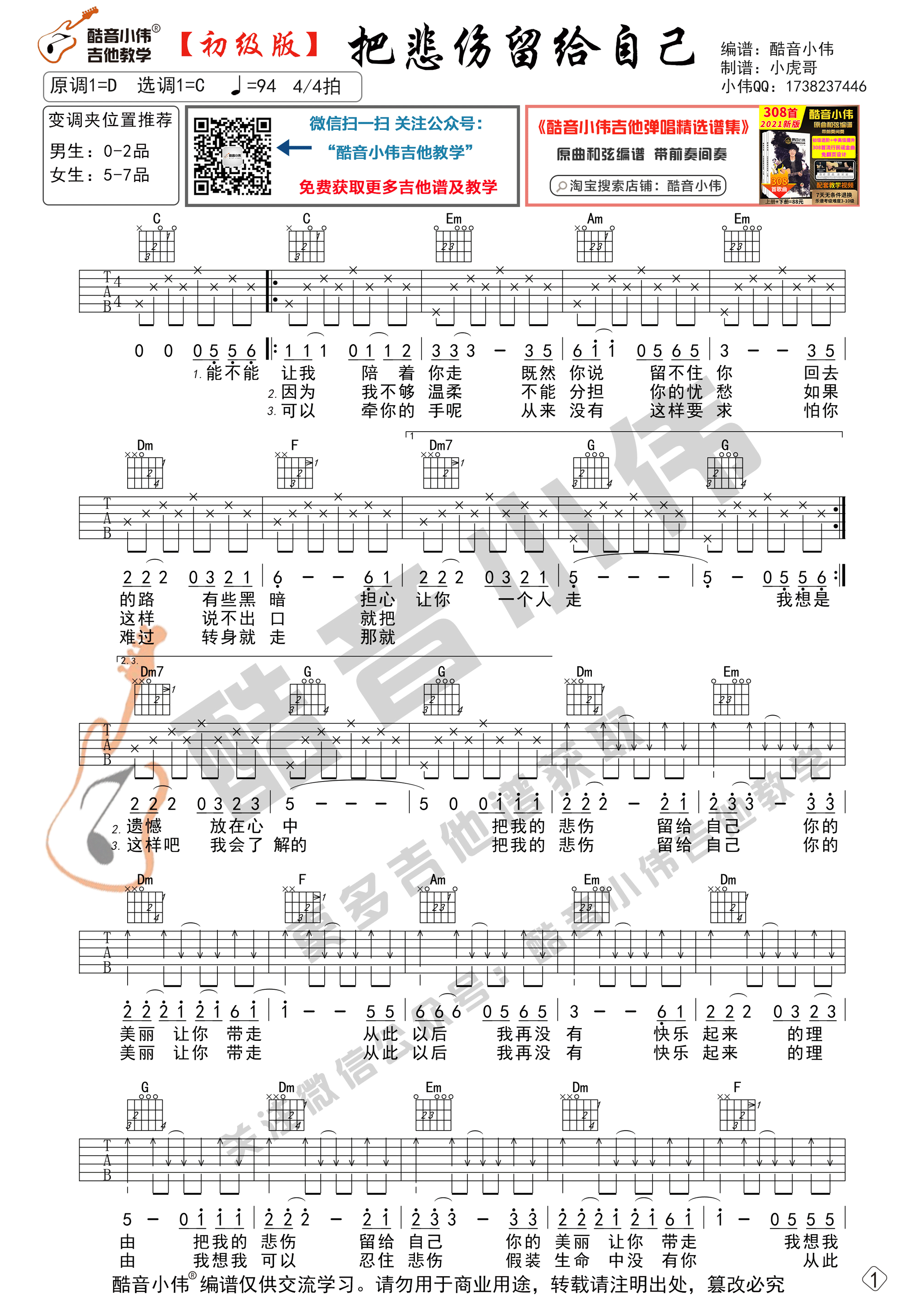陈升《把悲伤留给自己》C调吉他谱