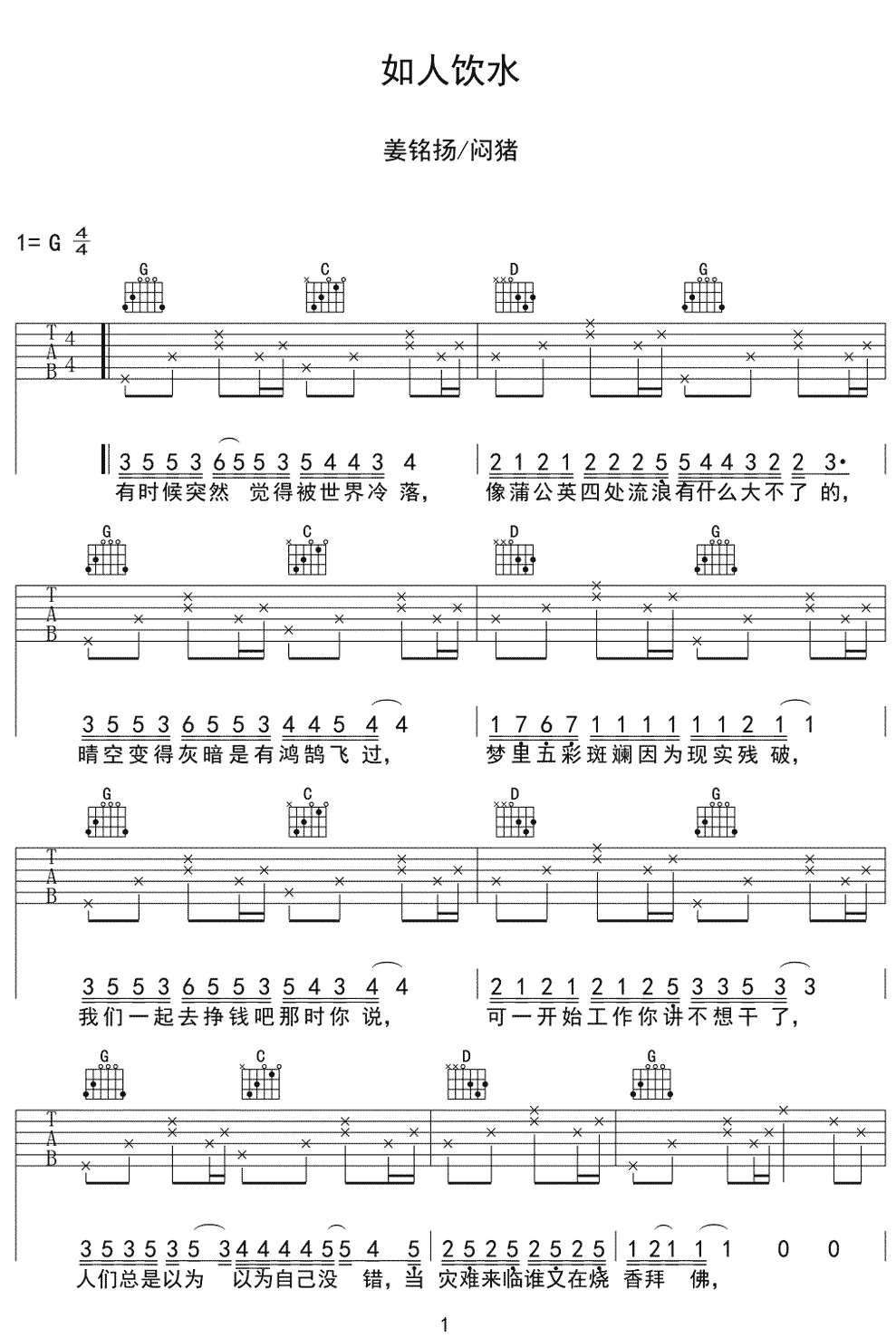 如人饮水吉他谱1