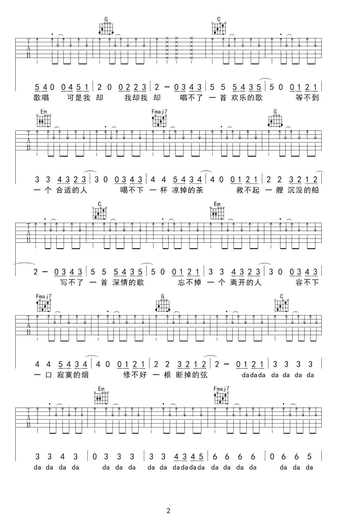 唱不了一首欢乐的歌吉他谱2