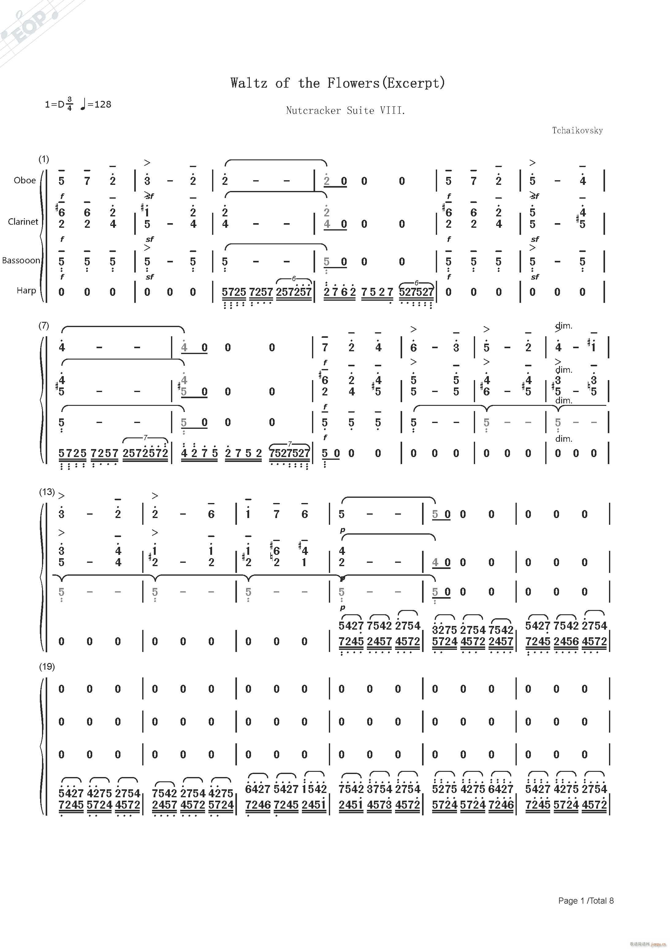 柴可夫斯基 胡桃夹子花之圆舞曲 节选 混合四重奏(总谱)1