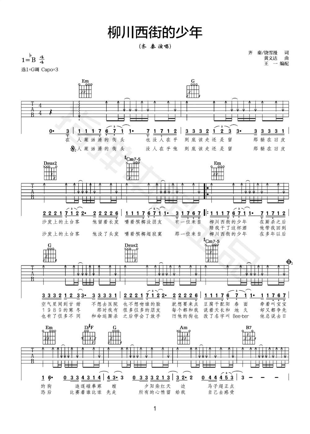 柳川西街的少年吉他谱1