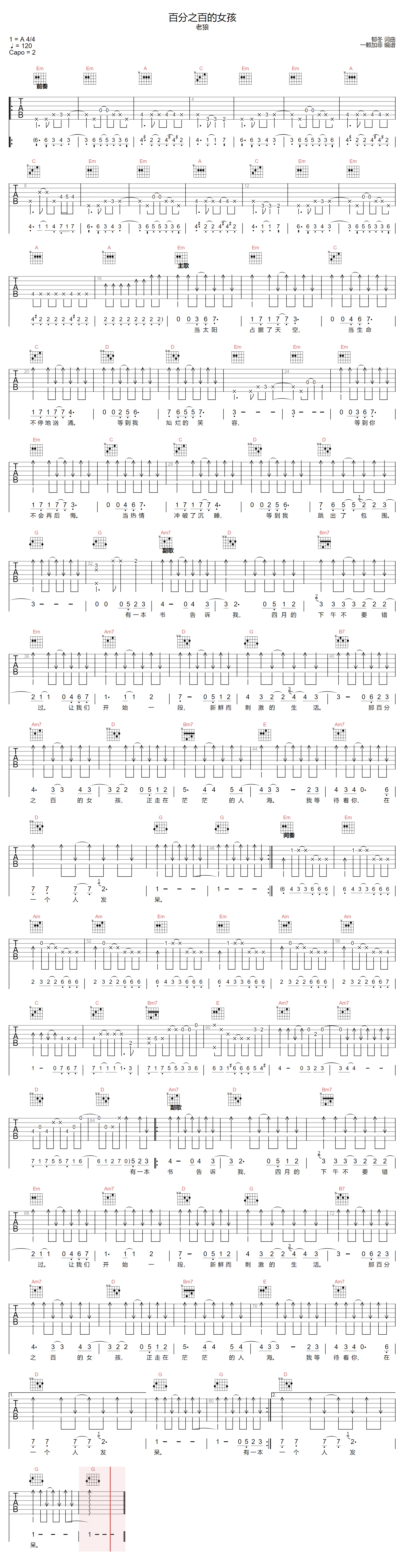 百分之百的女孩吉他谱1