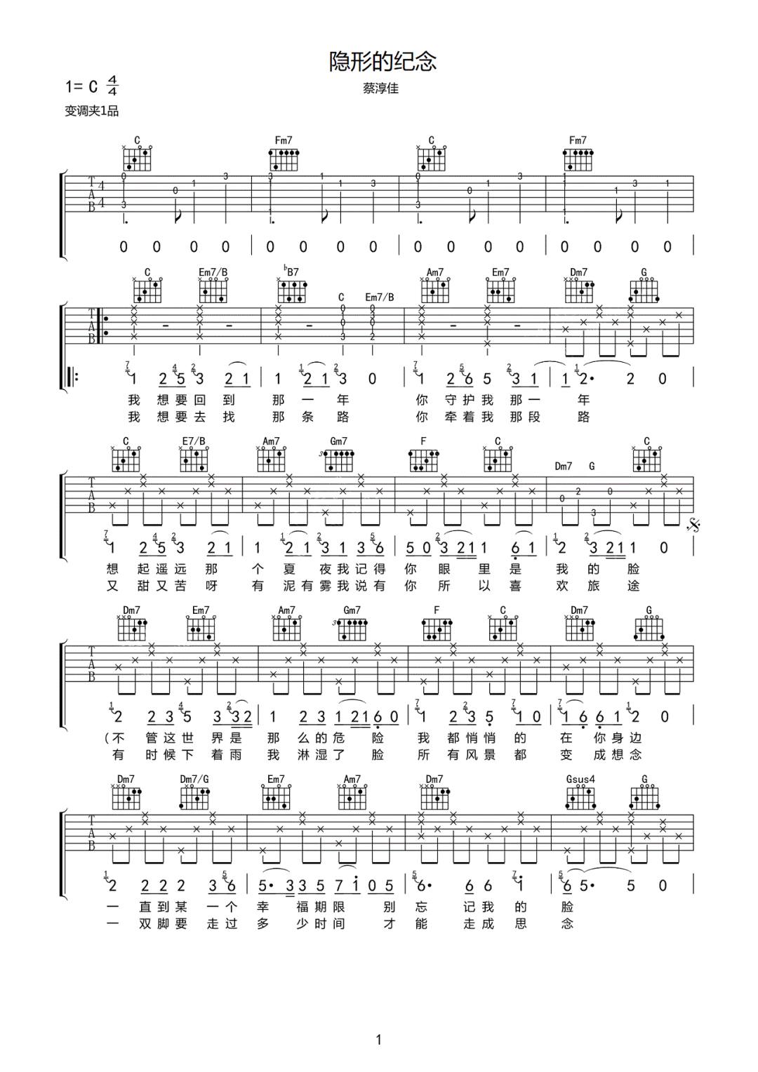 隐形的纪念吉他谱1