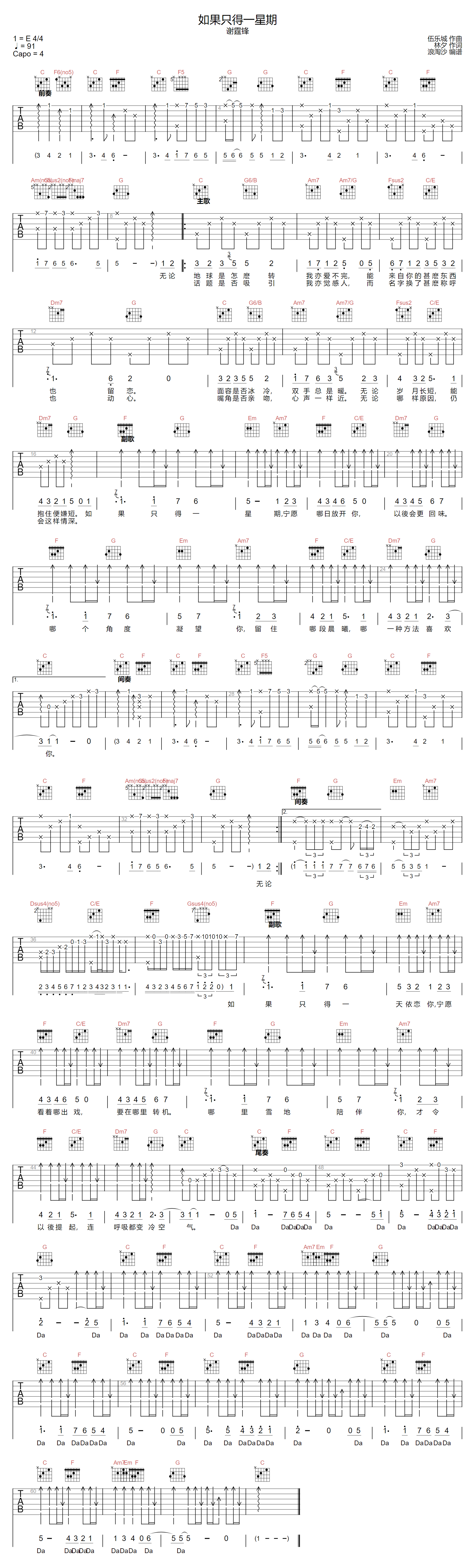 如果只得一星期吉他谱1