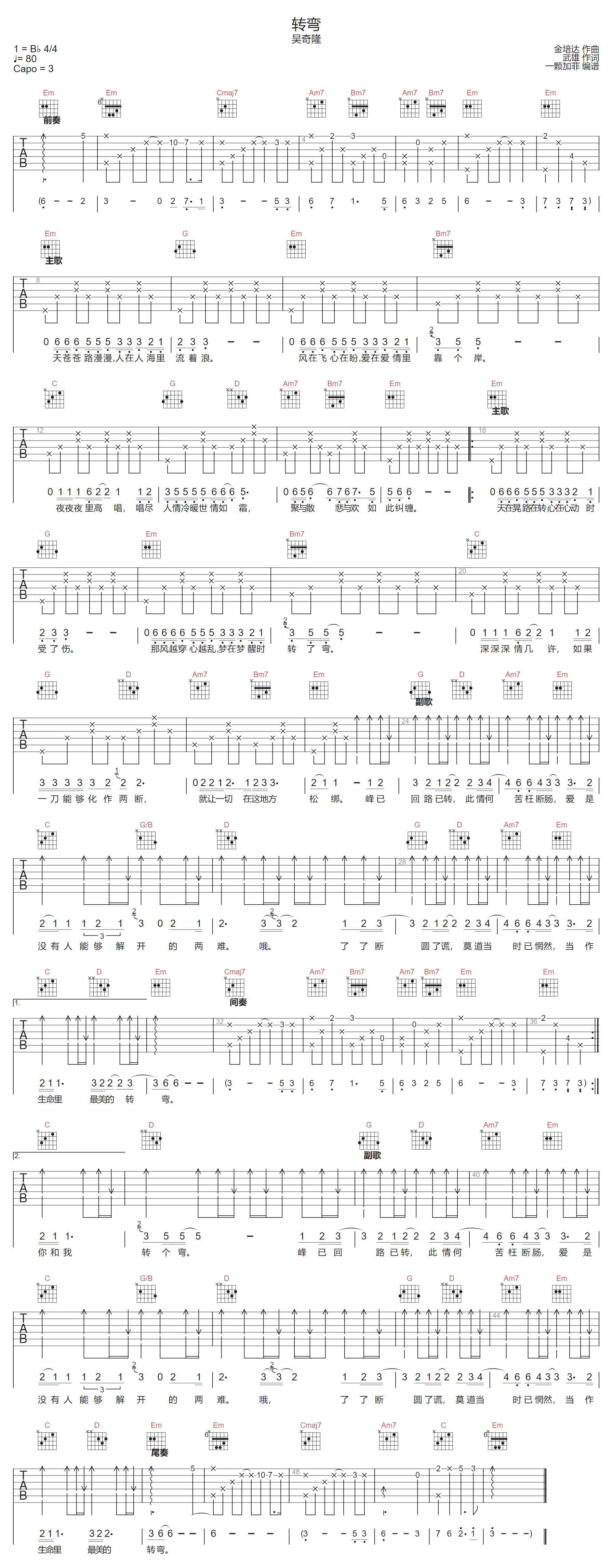 转弯吉他谱1