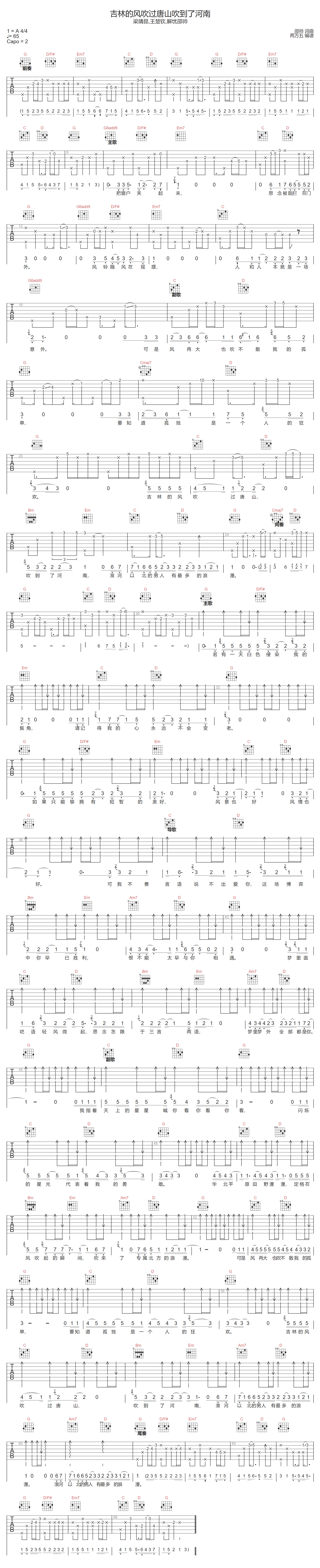 吉林的风吹过唐山吹到了河南吉他谱1