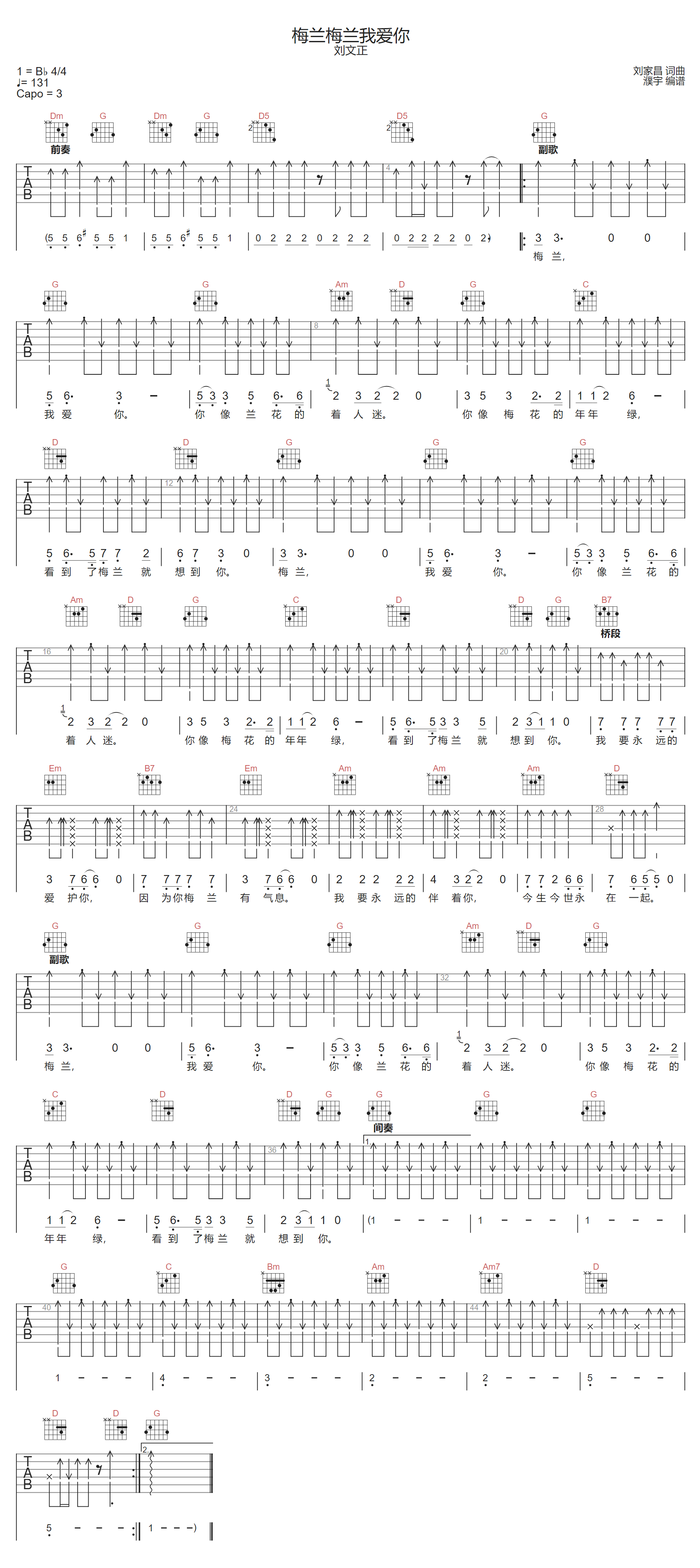 梅兰梅兰我爱你吉他谱1