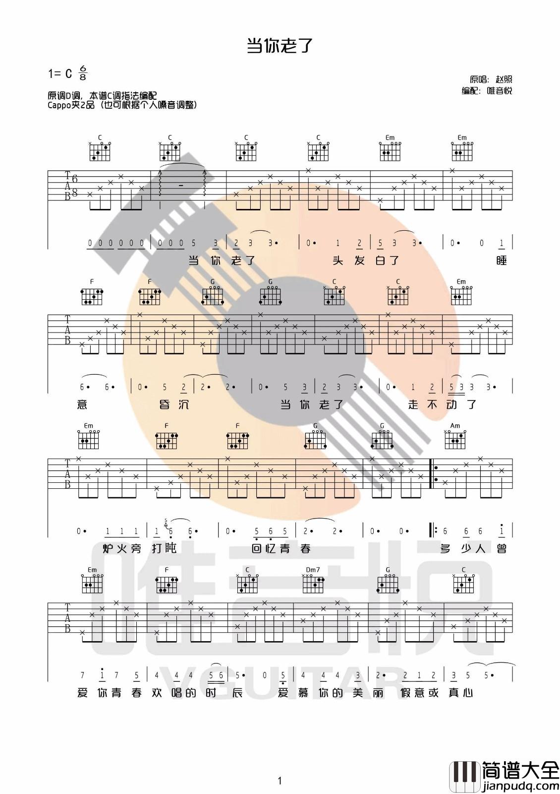 当你老了吉他谱_C调_唯音悦编配_赵照