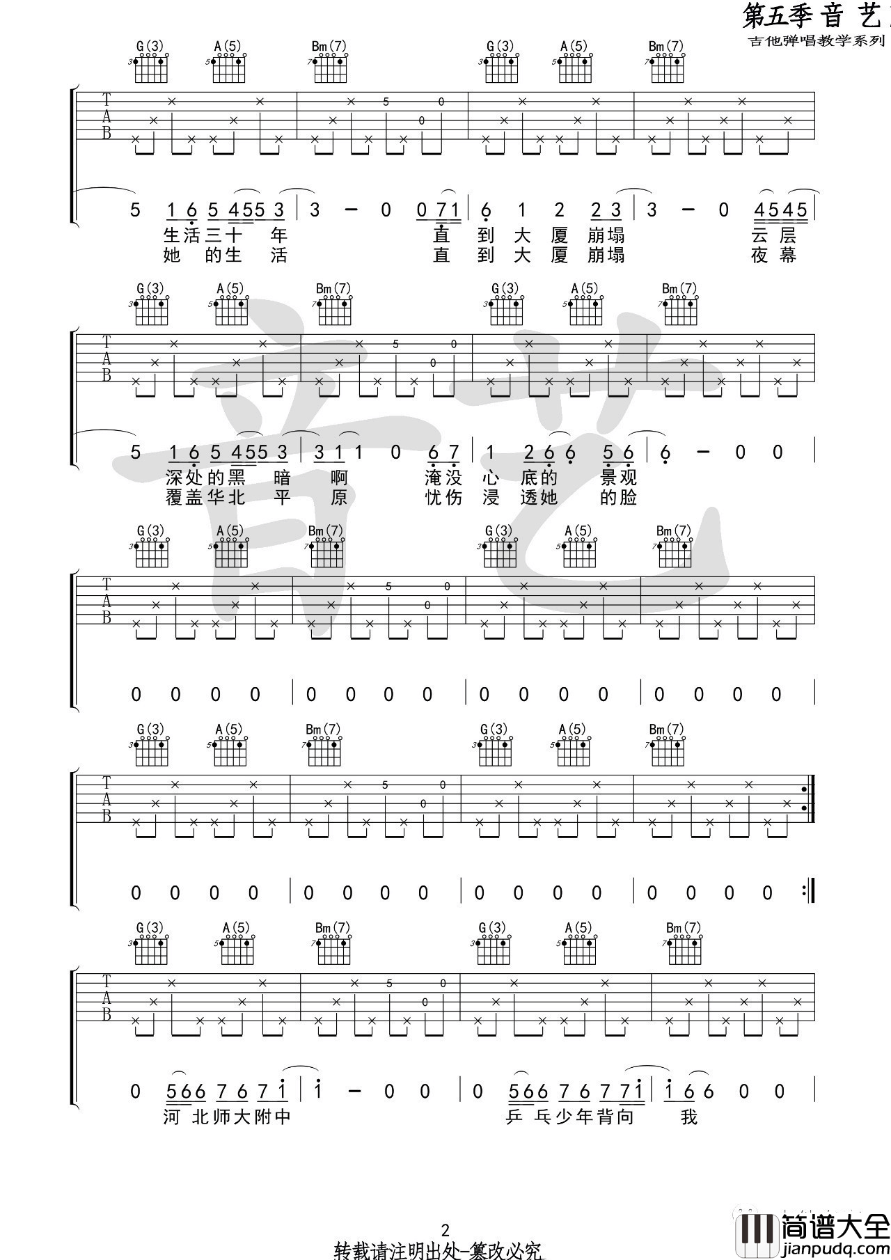 杀死那个石家庄人吉他谱_D调六线谱_音艺吉他编配_万能青年旅店