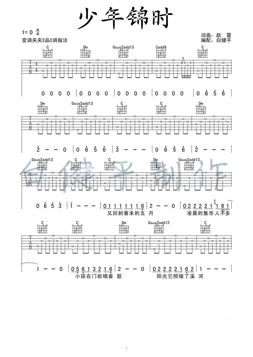 少年锦时吉他谱_D调_白健平编配_张鑫鑫