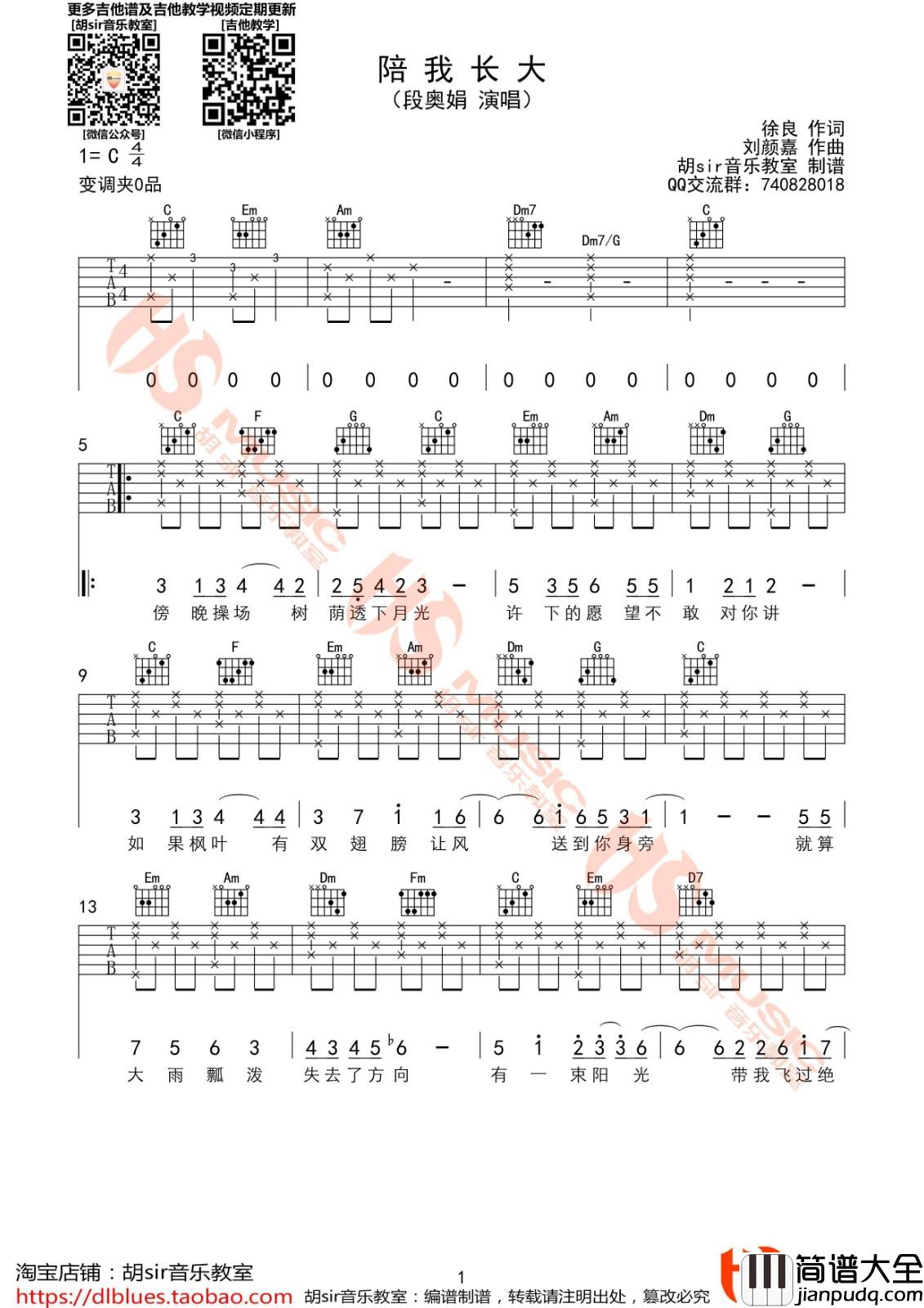 陪我长大吉他谱_C调_胡sir吉他编配_段奥娟