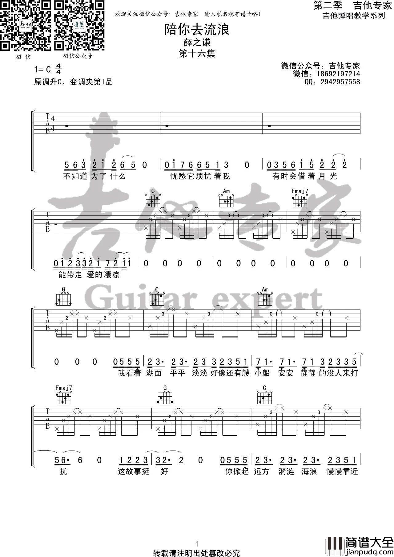 陪你去流浪吉他谱_C调简单版_音艺吉他编配_薛之谦