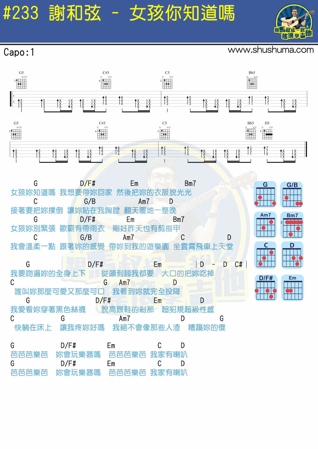 女孩你知道吗吉他谱_C调简单版_马叔叔编配_谢和弦