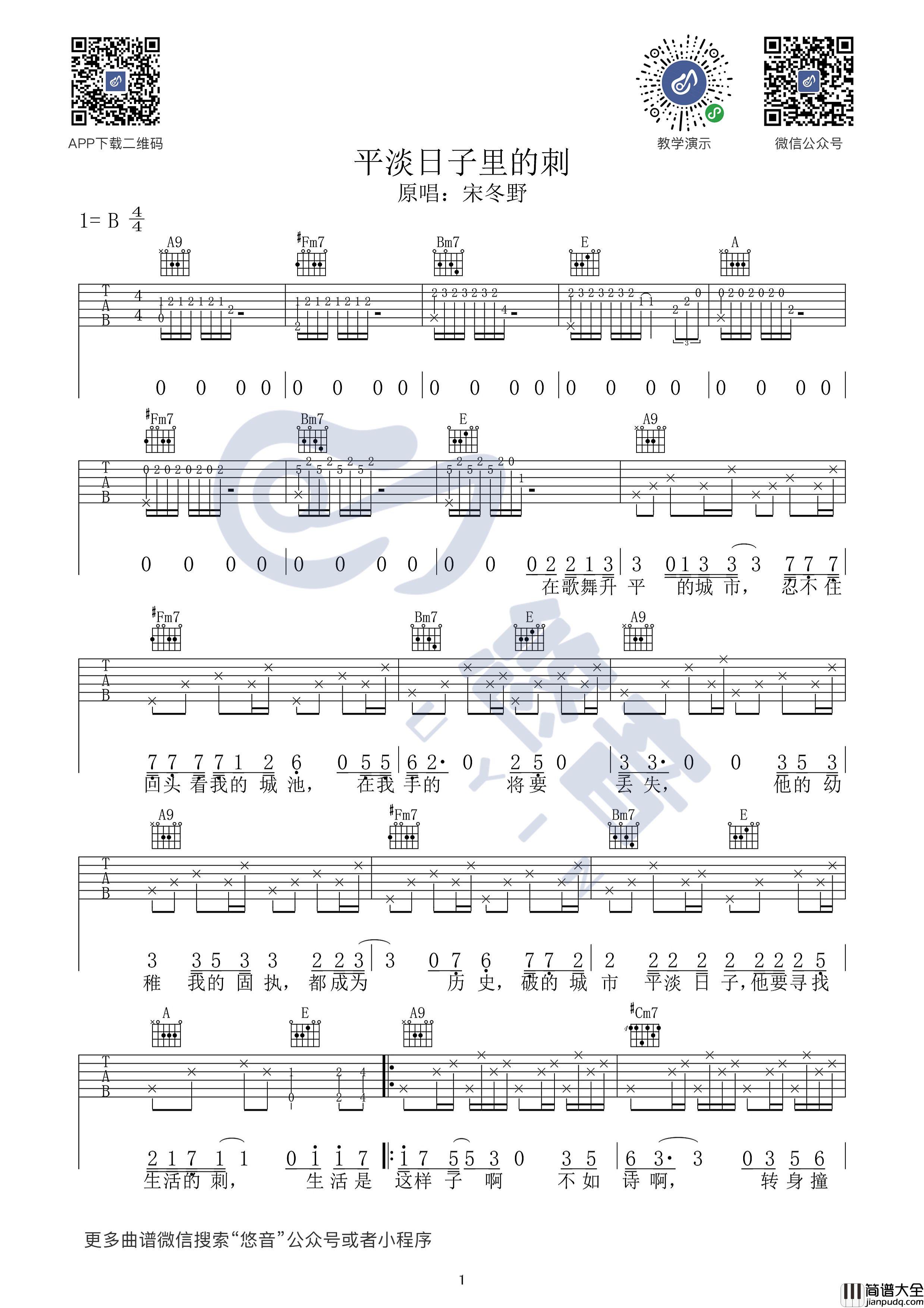 平淡日子里的刺吉他谱_B调原版_悠音吉他课堂编配_宋冬野