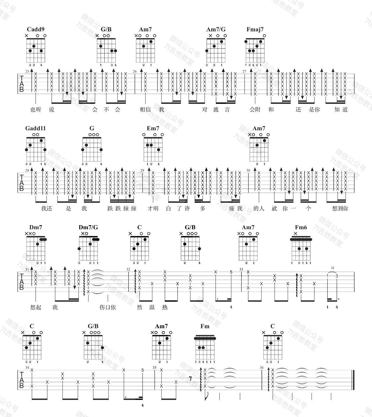 如果你也听说吉他谱_C调男生版_7T吉他教室_张惠妹