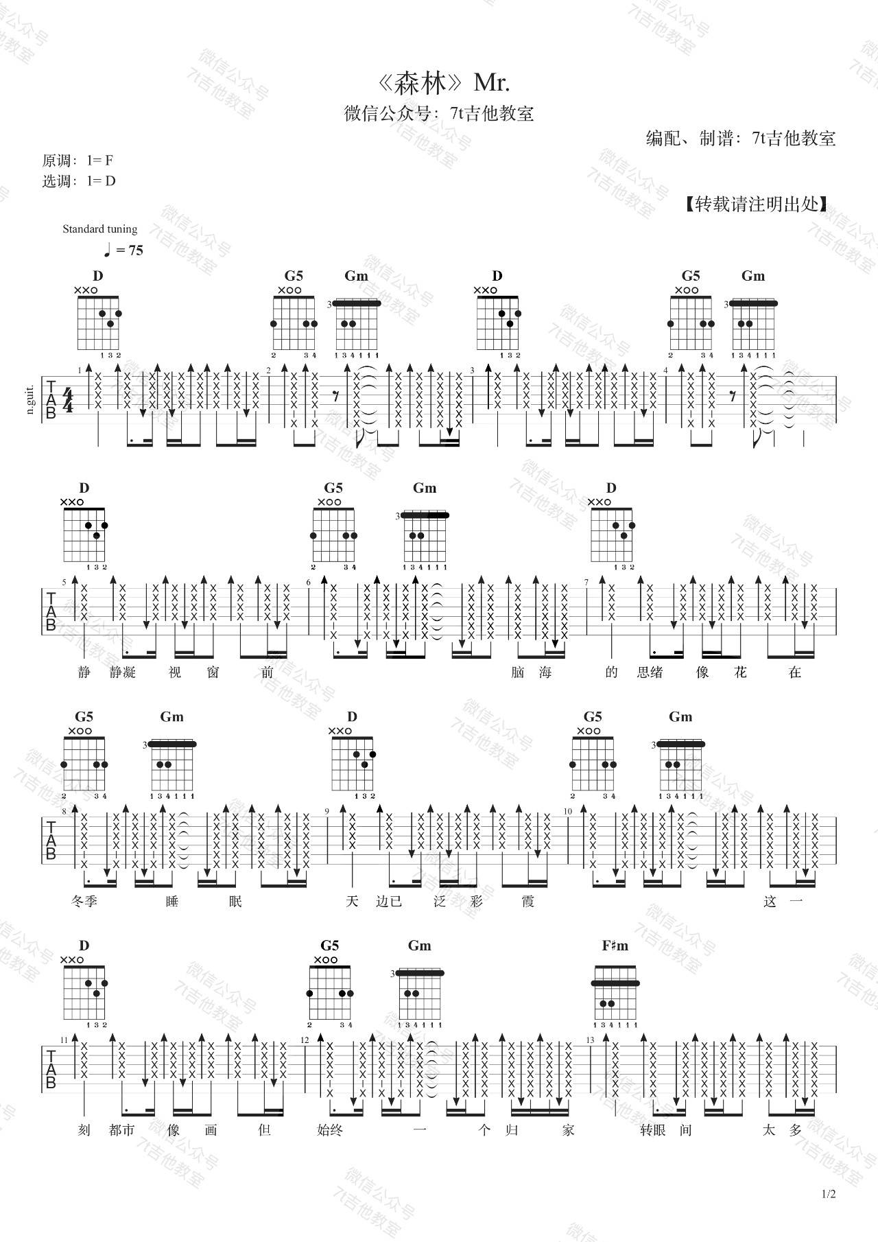 森林吉他谱_D调_7T吉他教室编配_Mr.
