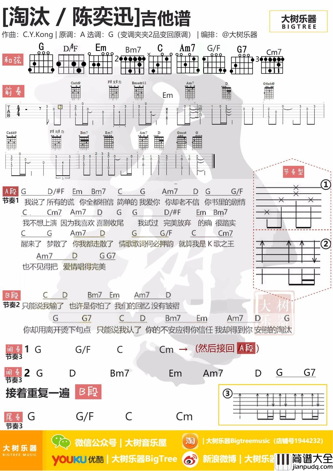 淘汰吉他和弦谱_大树音乐版本_TXT谱_文本谱_陈奕迅