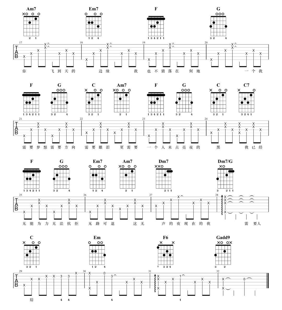 需要人陪吉他谱_C调精选版_7T吉他教室编配_王力宏