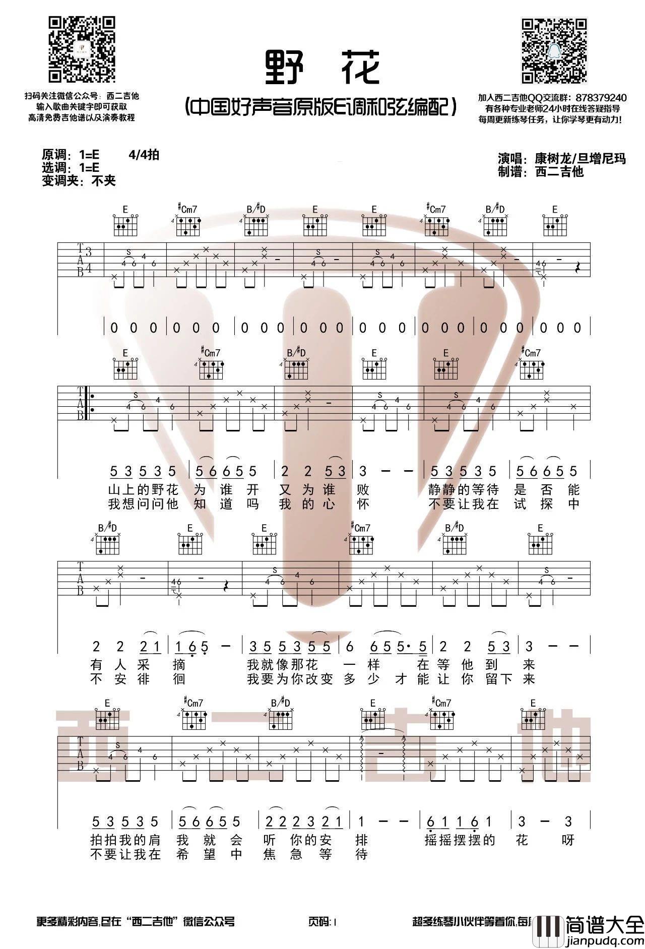 野花吉他谱_E调原版_西二吉他编配_旦增尼玛