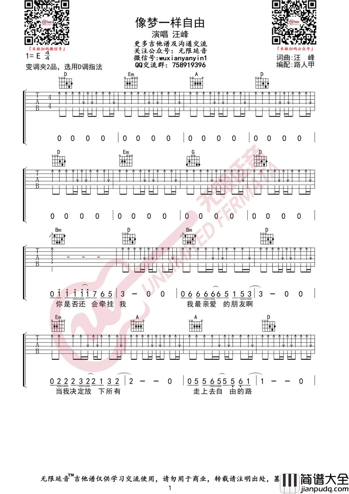 像梦一样自由吉他谱_D调扫弦版_无限延音编配_汪峰