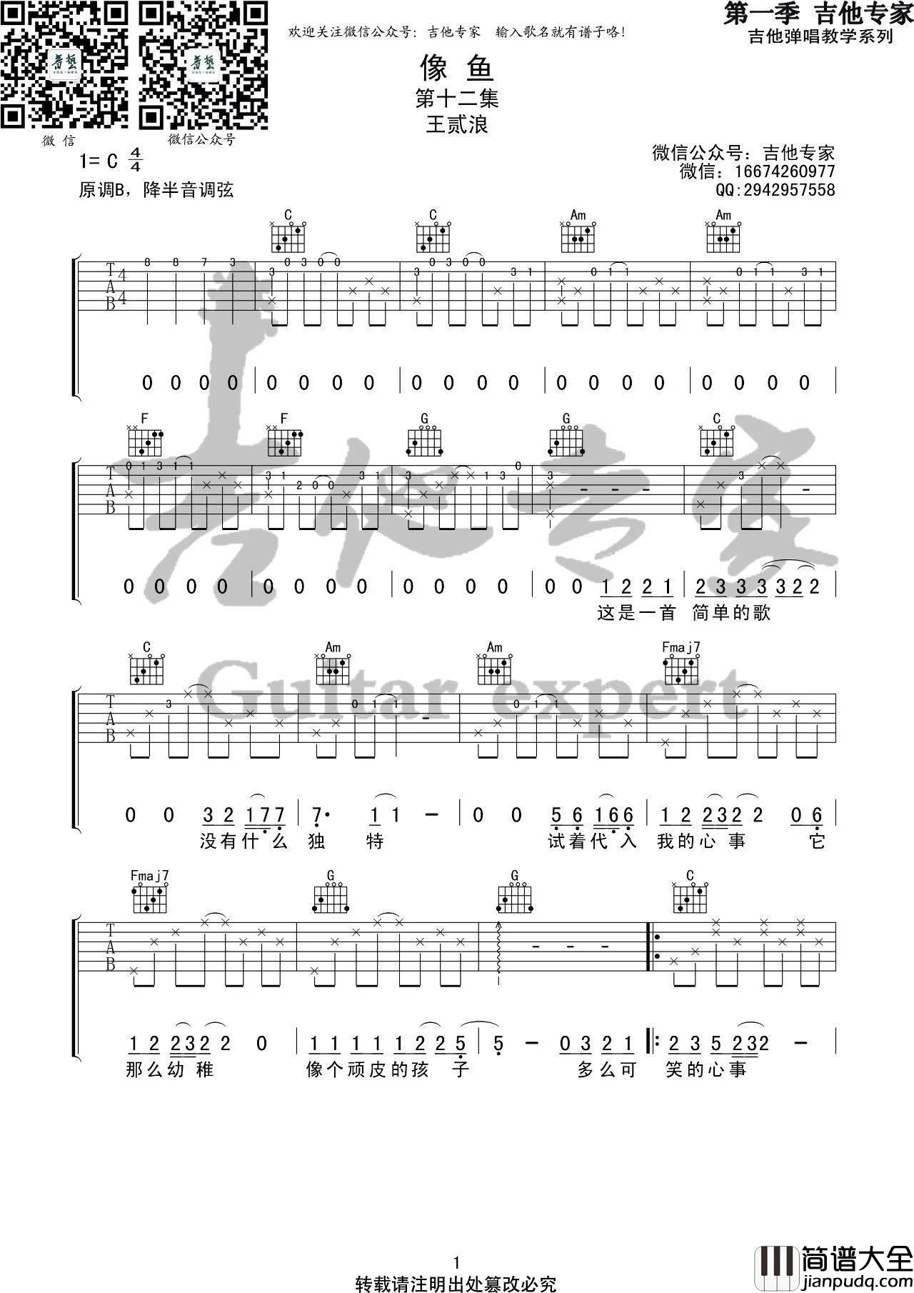 像鱼吉他谱_C调简单版_音艺吉他编配_王贰浪