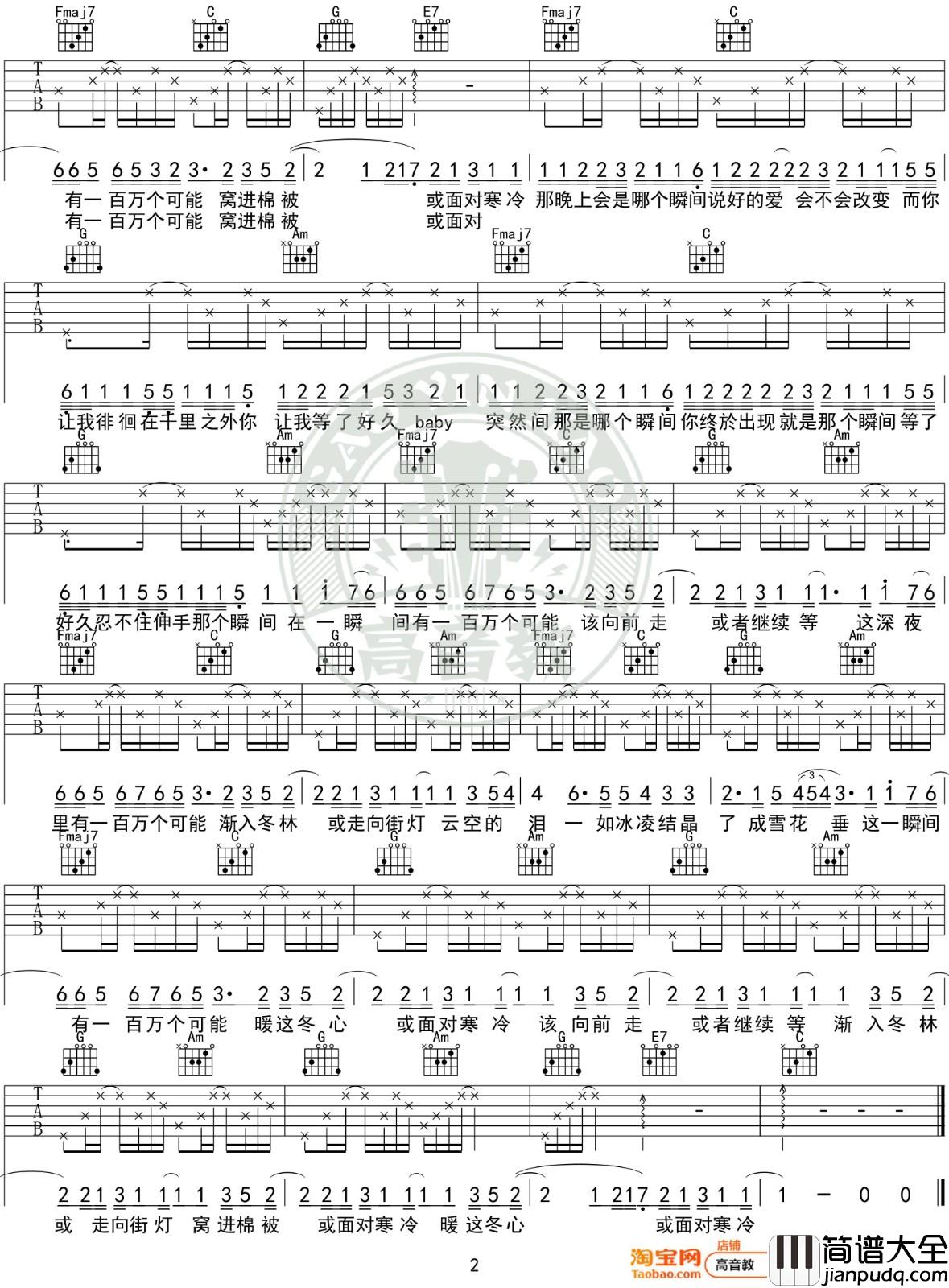 一百万个可能吉他谱_C调入门版_高音教编配_克丽丝汀
