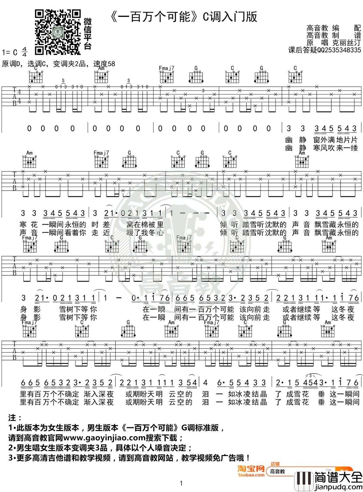 一百万个可能吉他谱_C调入门版_高音教编配_克丽丝汀