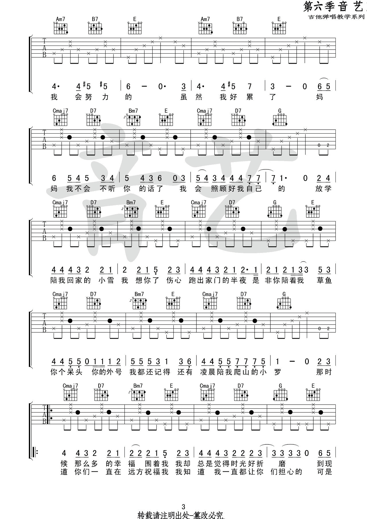 一个人看小丸子吉他谱_C调高清版_音艺吉他编配_王佳妮