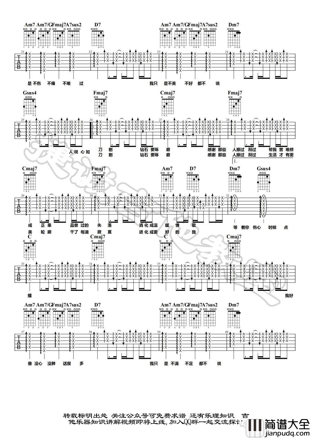 不说吉他谱_C调扫弦版_捷诚吉他教室编配_李荣浩
