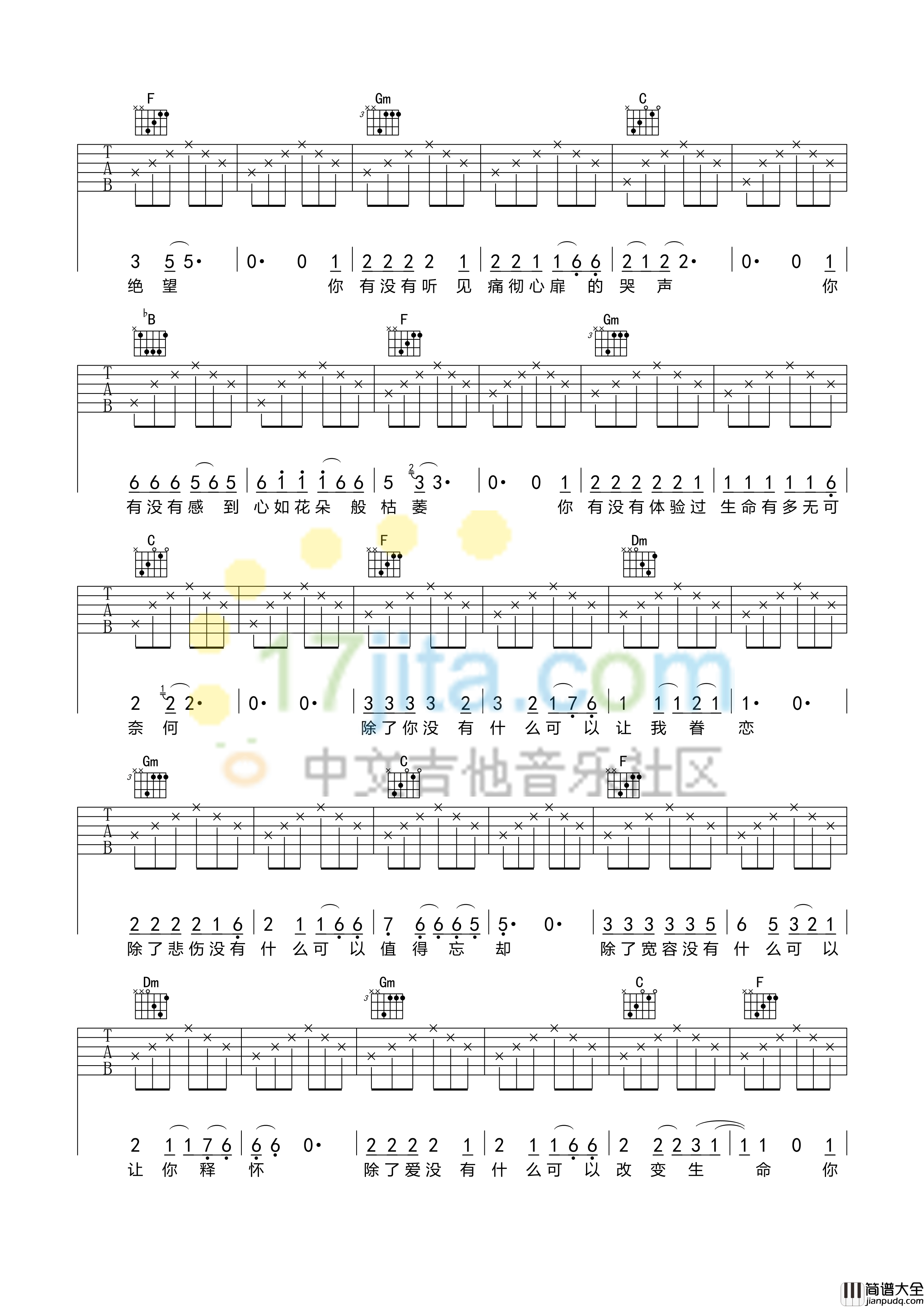 硬币吉他谱_F调简单版_中文吉他音乐社区编配_汪峰