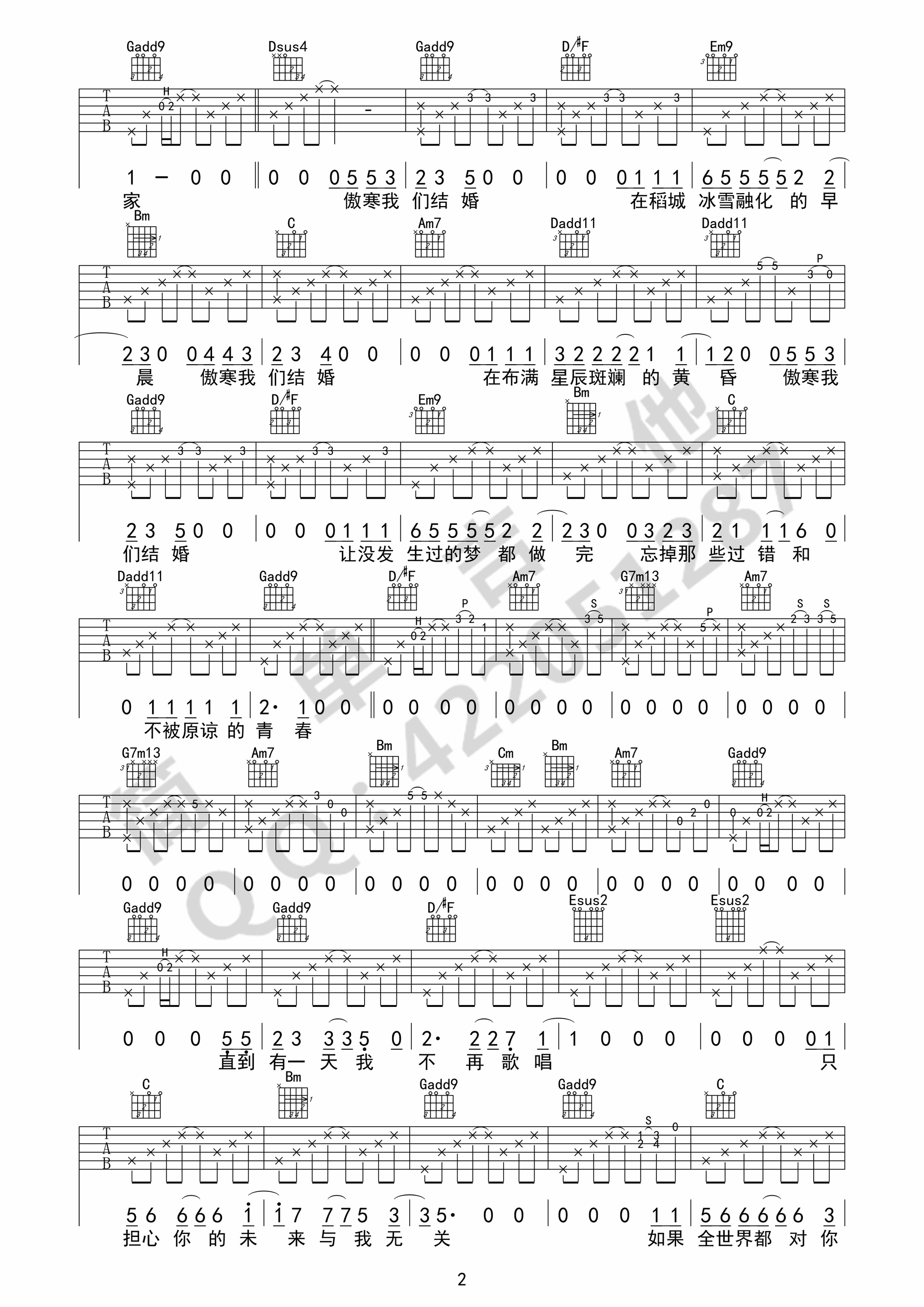 傲寒吉他谱_G调六线谱_简单吉他编配_马頔