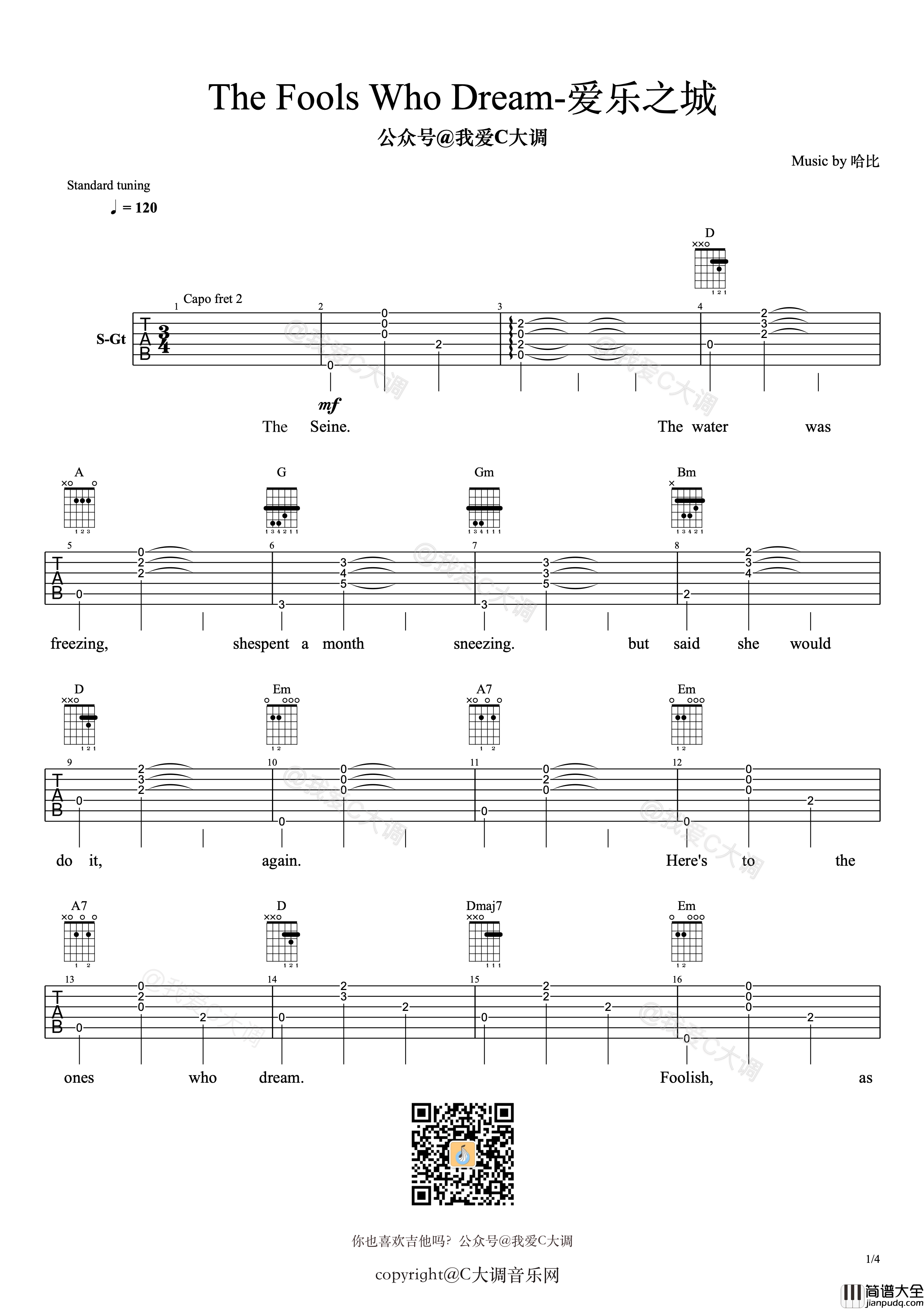 The_Fools_Who_Dream吉他谱_C调_我爱C大调编配_Audition