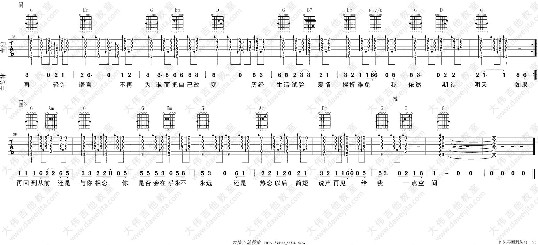 再回到从前吉他谱_G调带前奏_大伟吉他教室编配_张镐哲
