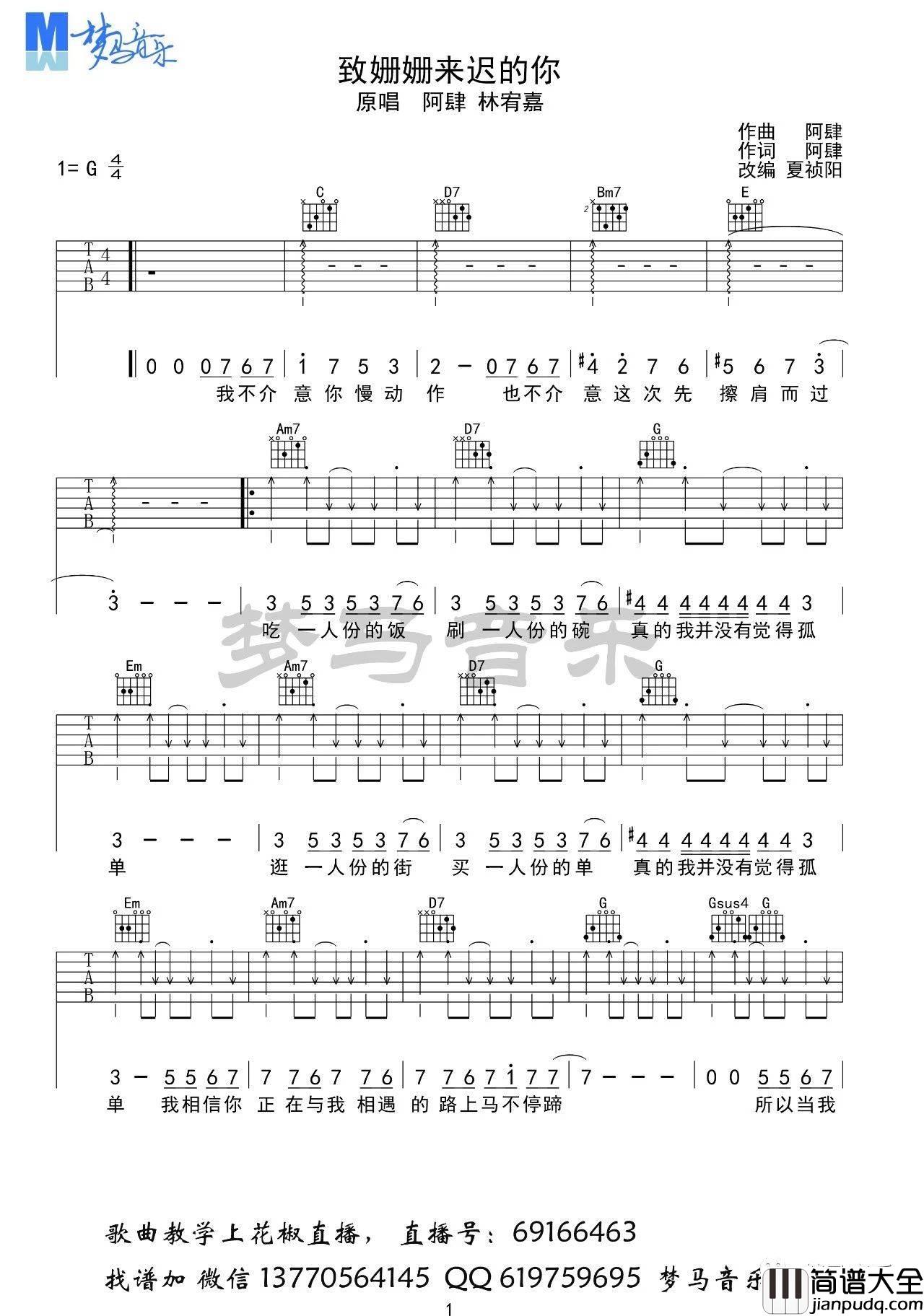 致姗姗来迟的你吉他谱_G调_梦马音乐编配_林宥嘉