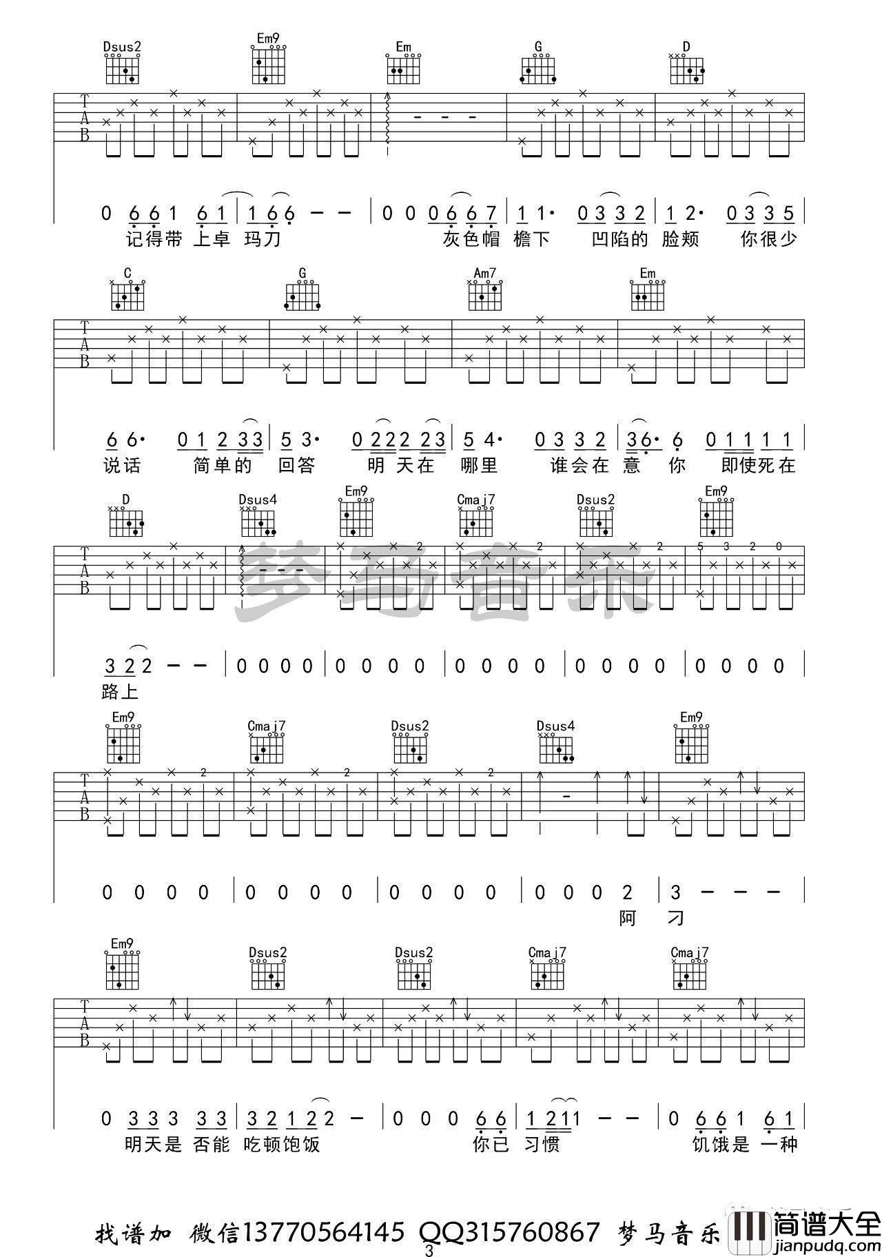 阿刁吉他谱G调_梦马音乐版本_附吉他弹唱示范_赵雷