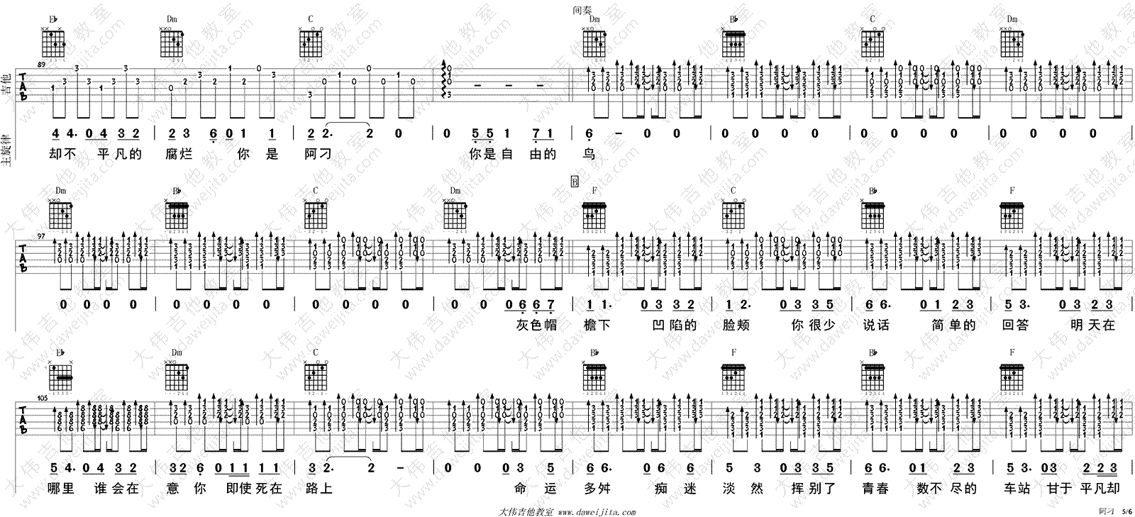 阿刁吉他谱_F调_大伟吉他教室版本_图片谱_赵雷