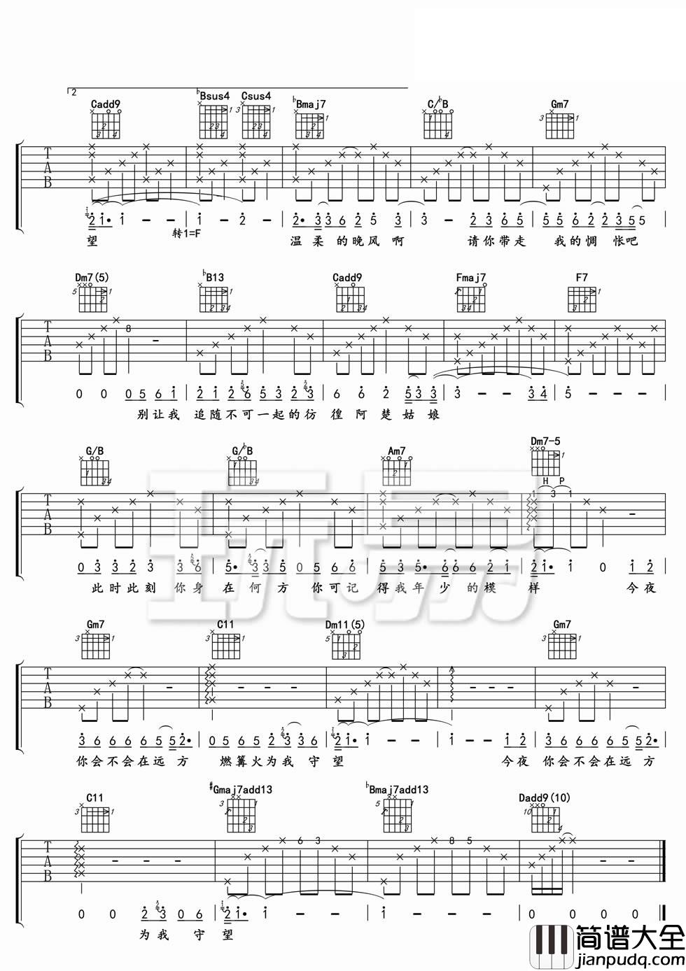 阿楚姑娘吉他谱_F调_袁娅维翻唱版本_玩易配版高清六线谱_梁凡