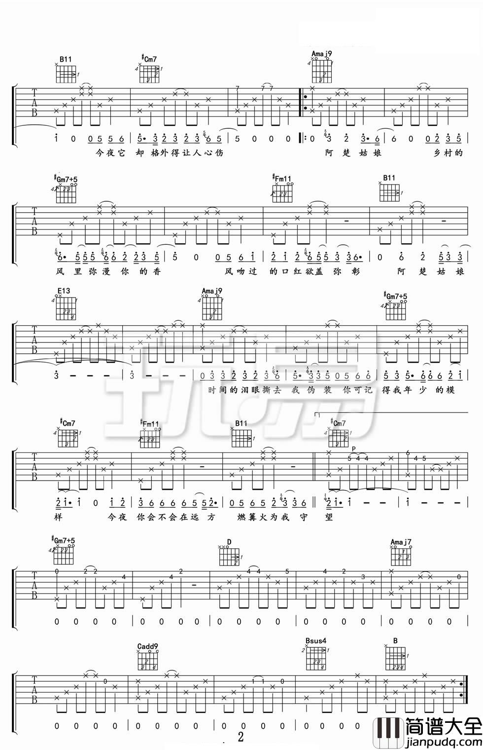 阿楚姑娘吉他谱_F调_袁娅维翻唱版本_玩易配版高清六线谱_梁凡