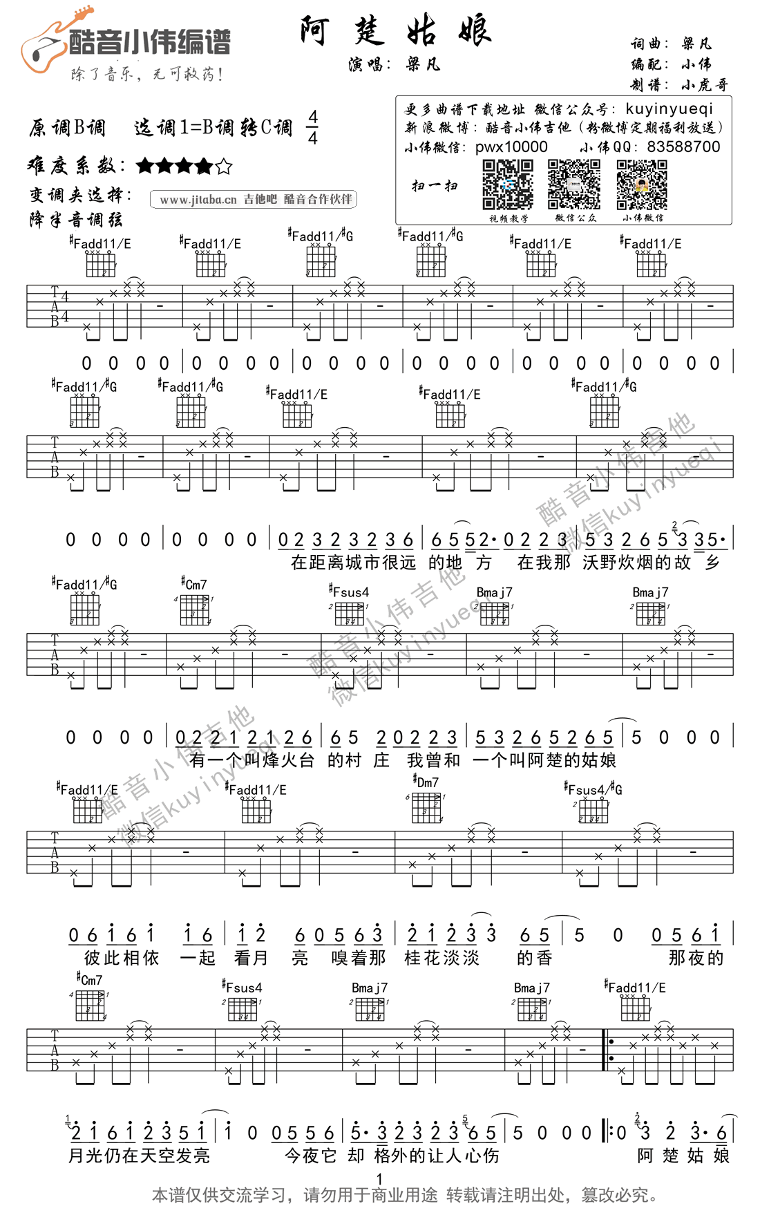 阿楚姑娘吉他谱_C调_酷音小伟编配版本_梁凡