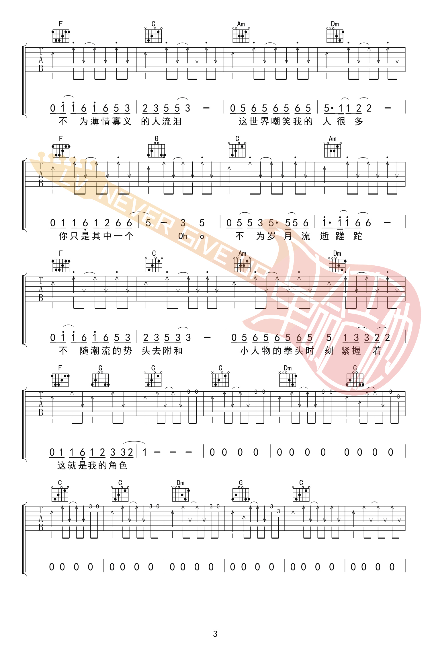 小人物吉他谱_C调_革命吉他编配_指法六线谱高清版_赵雷
