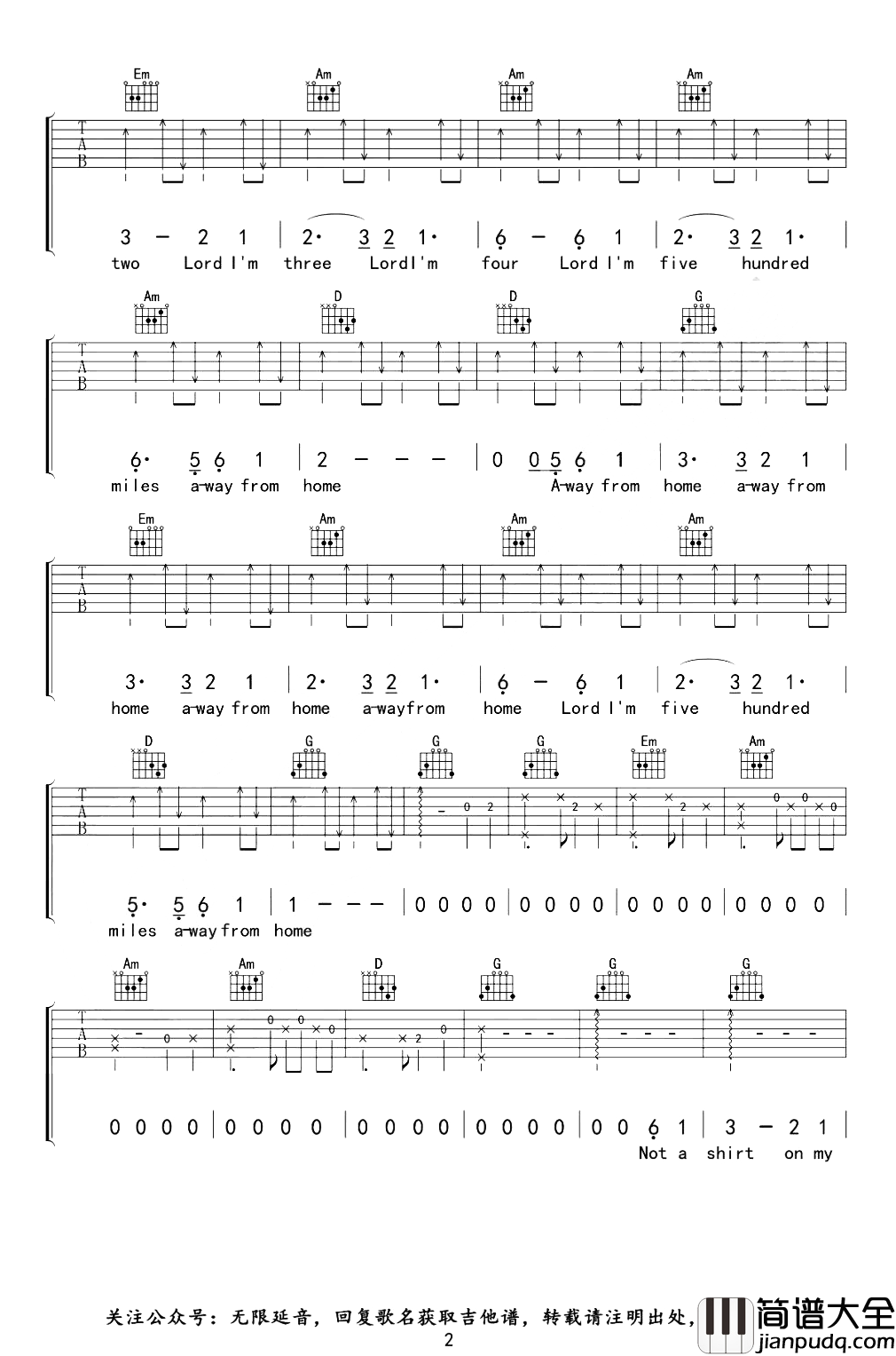 500_Miles吉他谱_G调吉他弹唱谱__醉乡民谣_主题曲