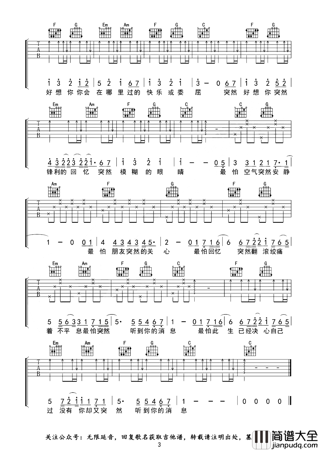 五月天_突然好想你_吉他谱_C调超原版_吉他演示视频