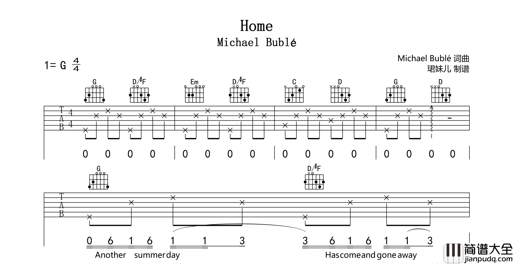 _Home_吉他谱__Michael_Bublé_G调吉他弹唱谱