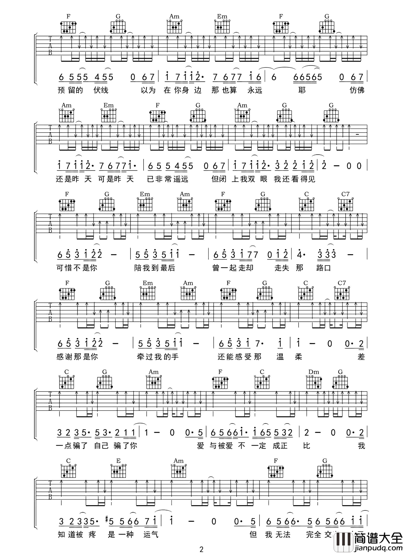 刘大壮《可惜不是你》吉他谱_C调扫弦原版六线谱 刘大壮_可惜不是你_吉他谱_C调扫弦原版六线谱
