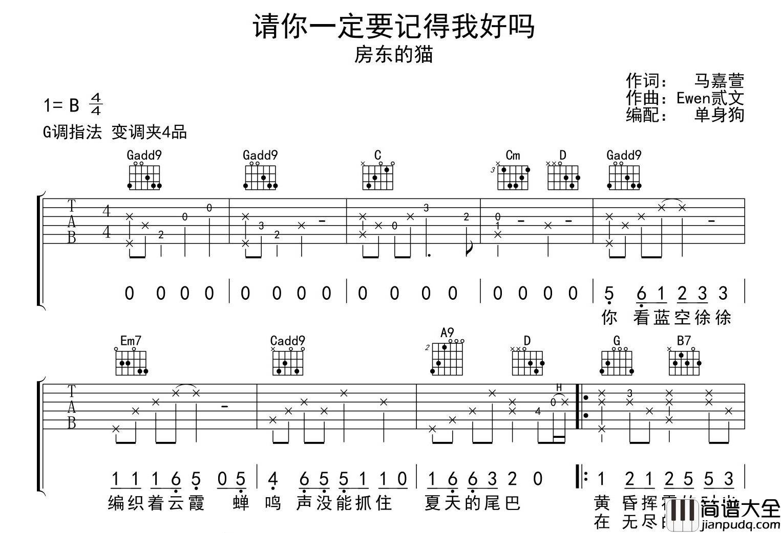 _请你一定要记得我好吗_吉他谱_房东的猫_G调弹唱谱