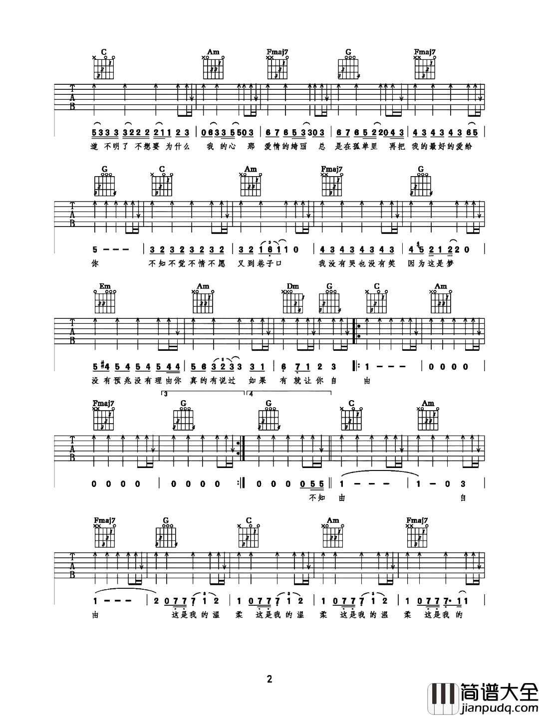 五月天_温柔_吉他谱__温柔_C调原版吉他演示教学
