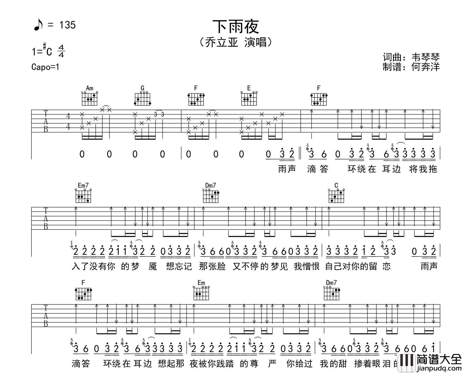 乔立亚_下雨夜_吉他谱__下雨夜_C调吉他弹唱谱