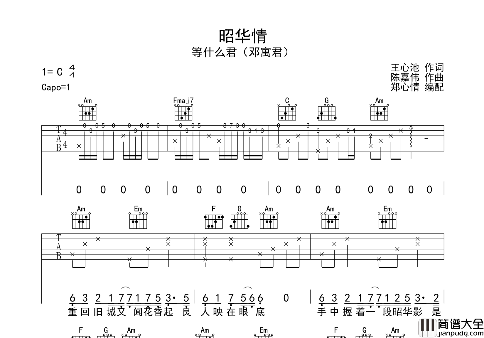昭华情吉他谱_等什么君__昭华情_C调原版六线谱_弹唱谱