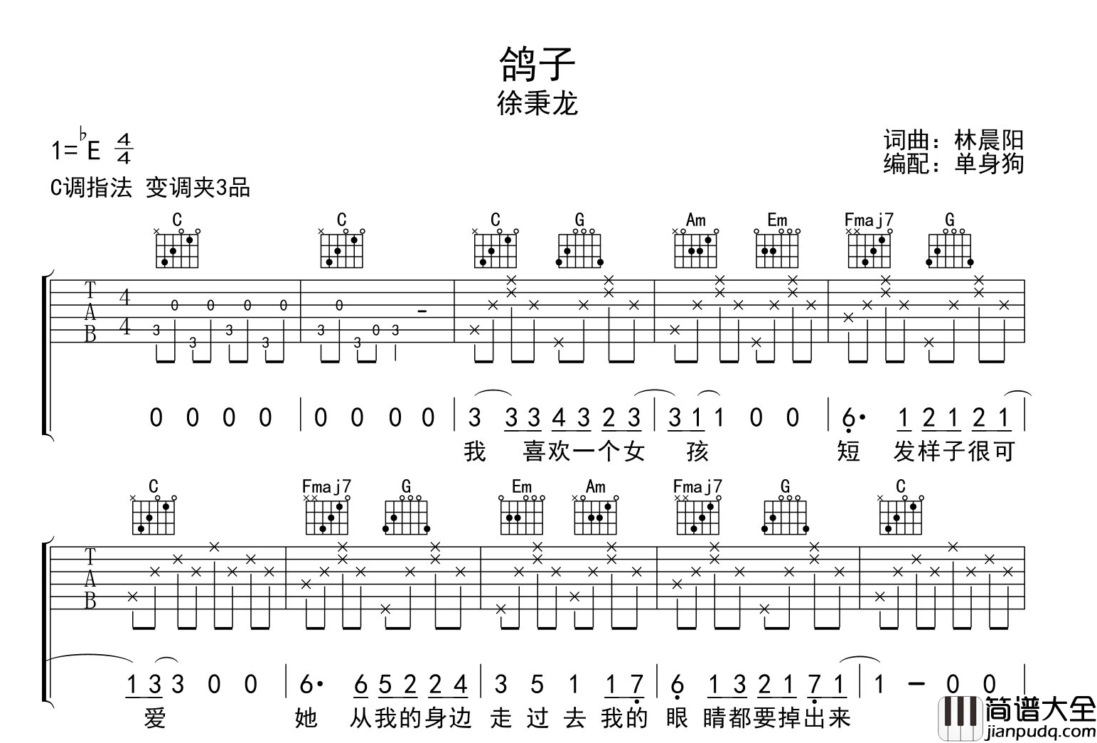 徐秉龙_鸽子_吉他谱_C调六线谱__鸽子_吉他弹唱谱