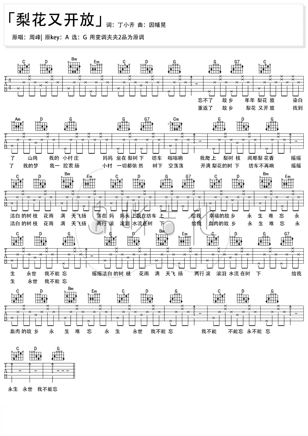 梨花又开放吉他谱_周峰_G调简单版六线谱_吉他弹唱教学